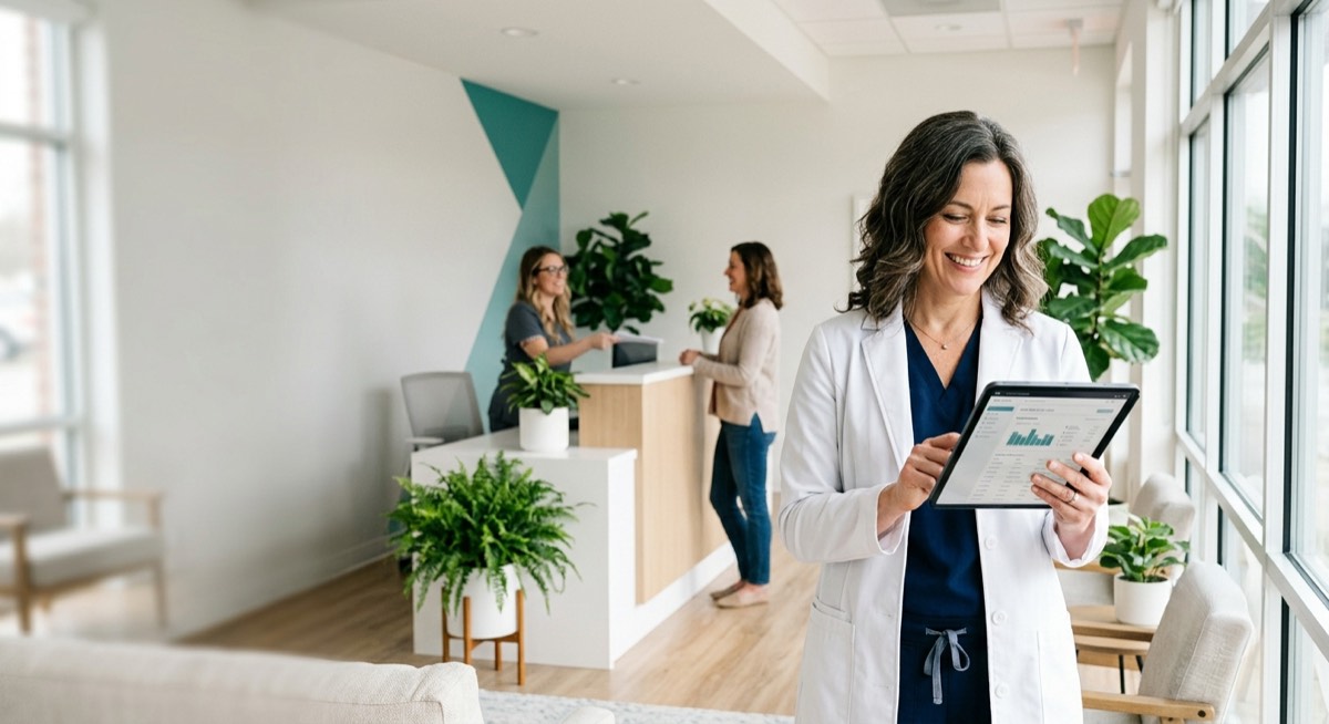 A physician reviewing a Practice Workup report on a tablet in a bright, modern medical office.
