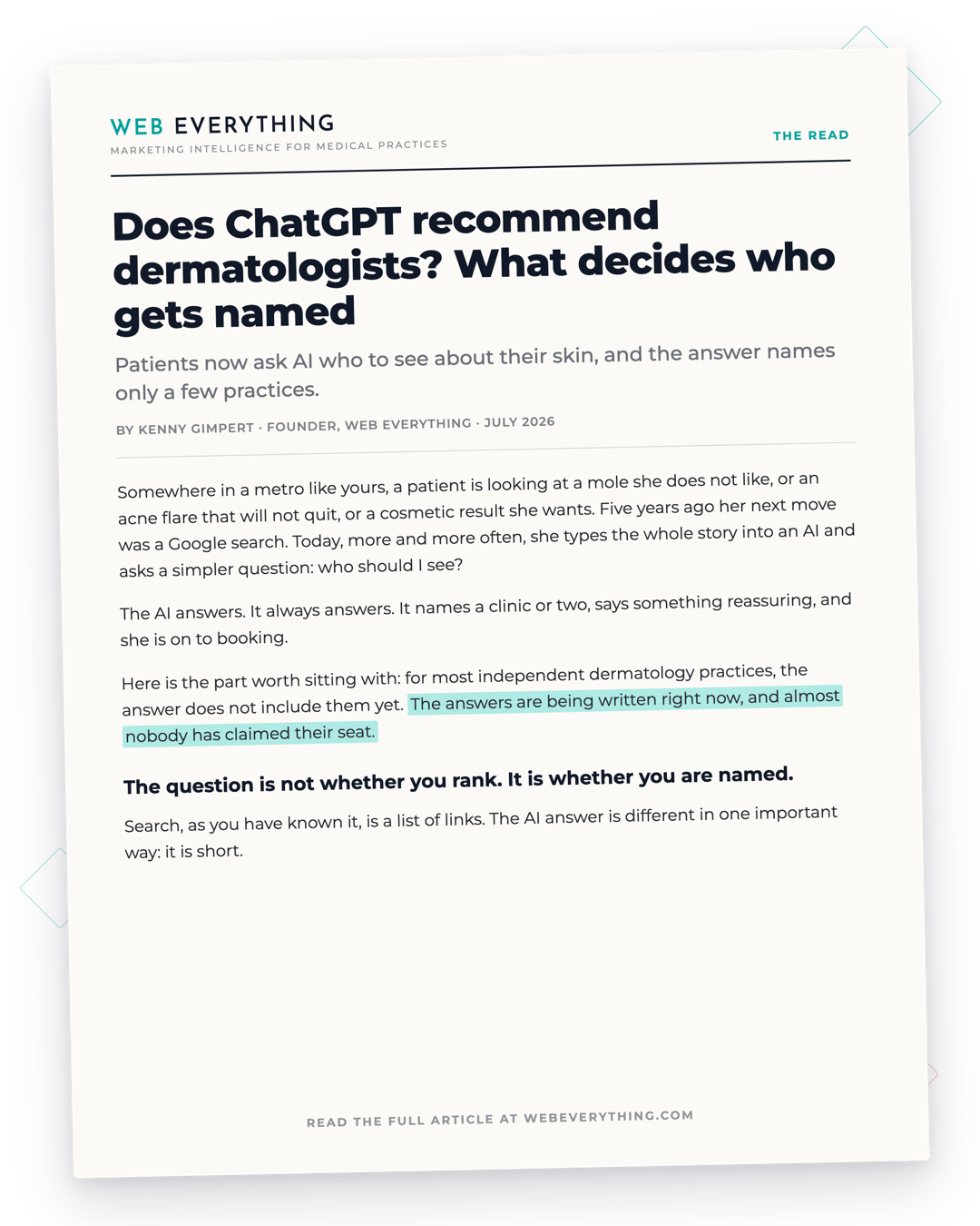 Article preview: Does ChatGPT recommend dermatologists? By Kenny Gimpert, Founder of Web Everything