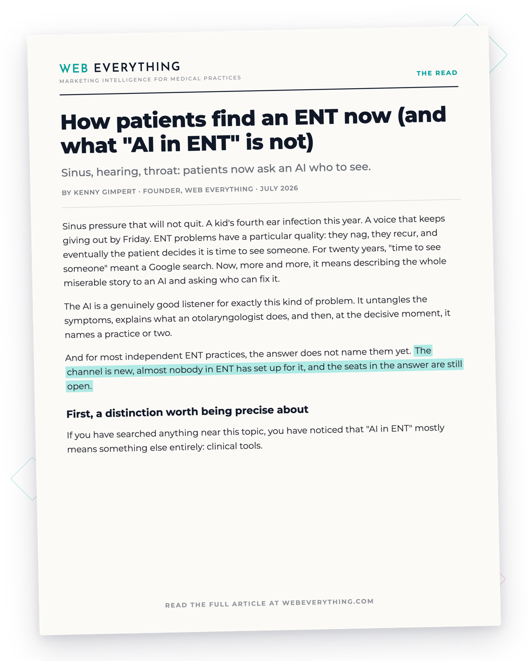 Article preview: How patients find an ENT now. By Kenny Gimpert, Founder of Web Everything
