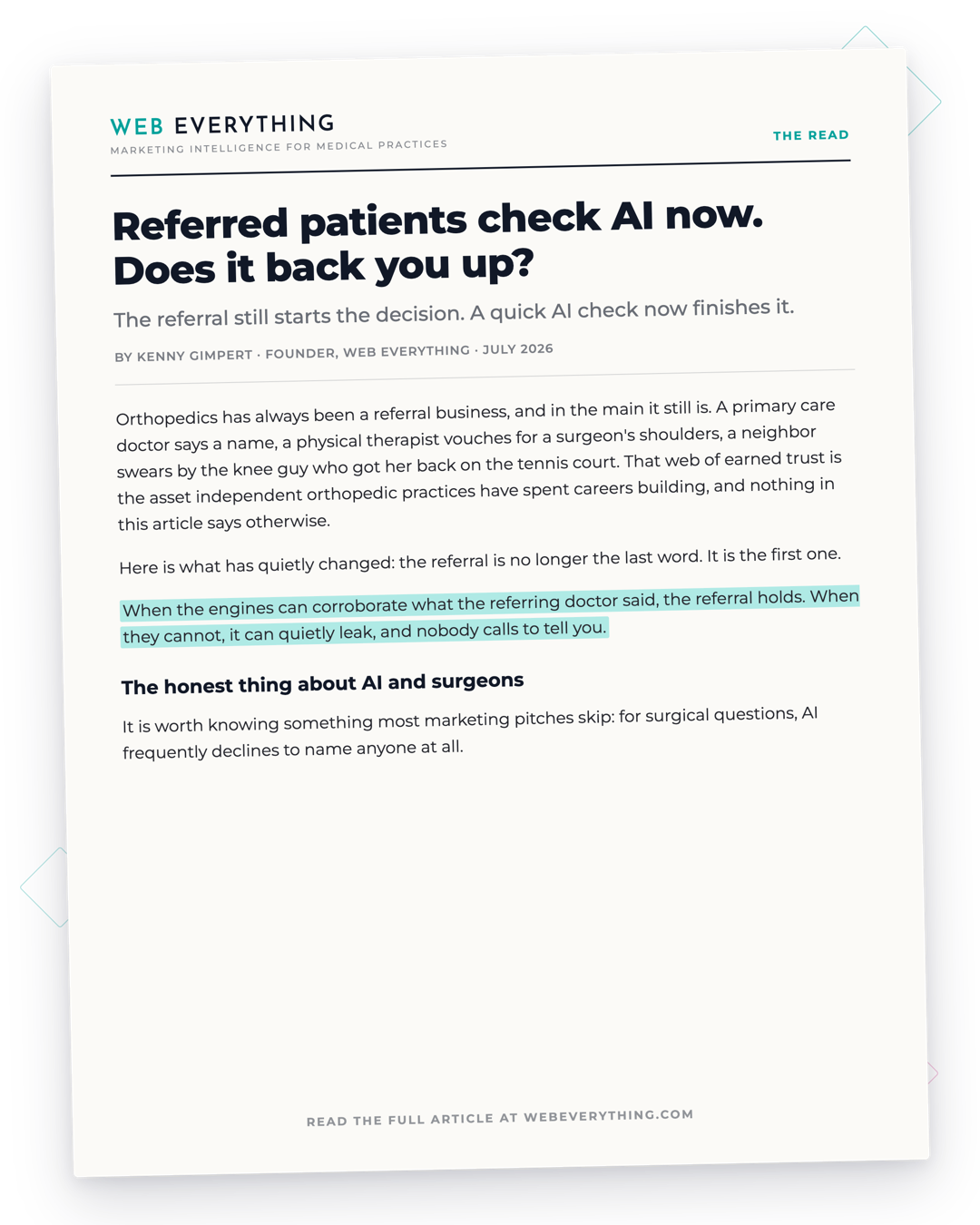 Article preview: Referred patients check AI now. By Kenny Gimpert, Founder of Web Everything